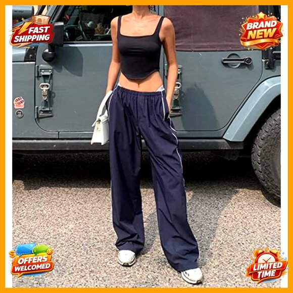 High Rise Baggy Track Pants with Drawstring Legs Polyester Loose Fit - Picture 3 of 7